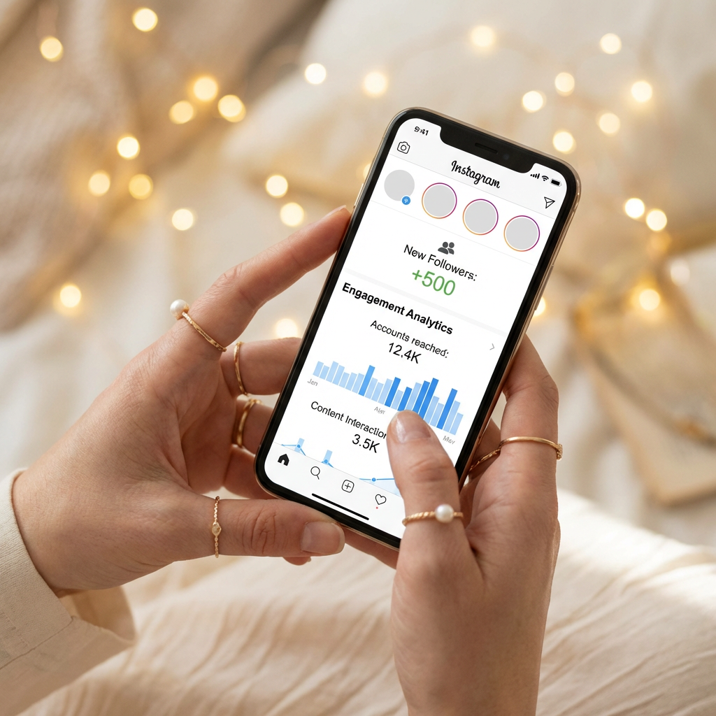 hands holding phone showing content engagement growth, AI influencer content creator results