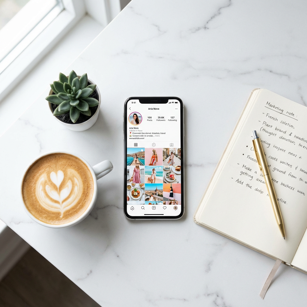 flat lay with phone and notebook showing AI content creation workflow, no camera needed