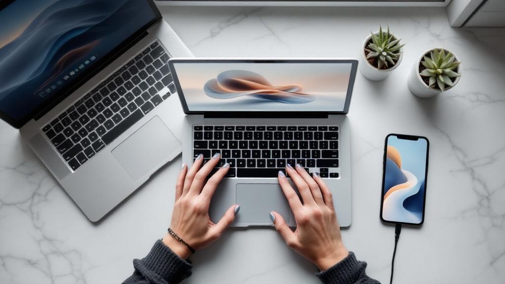 Laptop and phone on marble desk showing AI content creation workflow for a faceless digital product business
