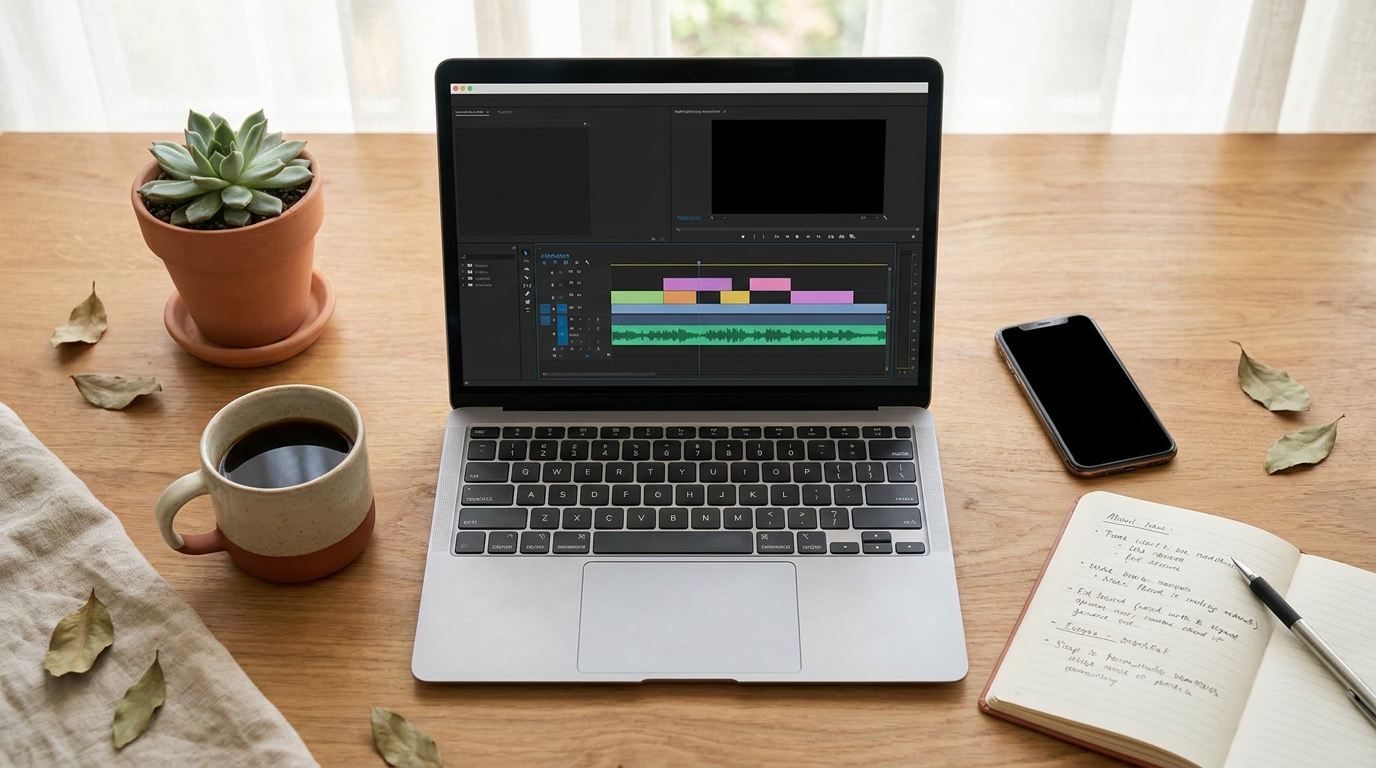 Flat lay of the AI talking head video creation process on a laptop