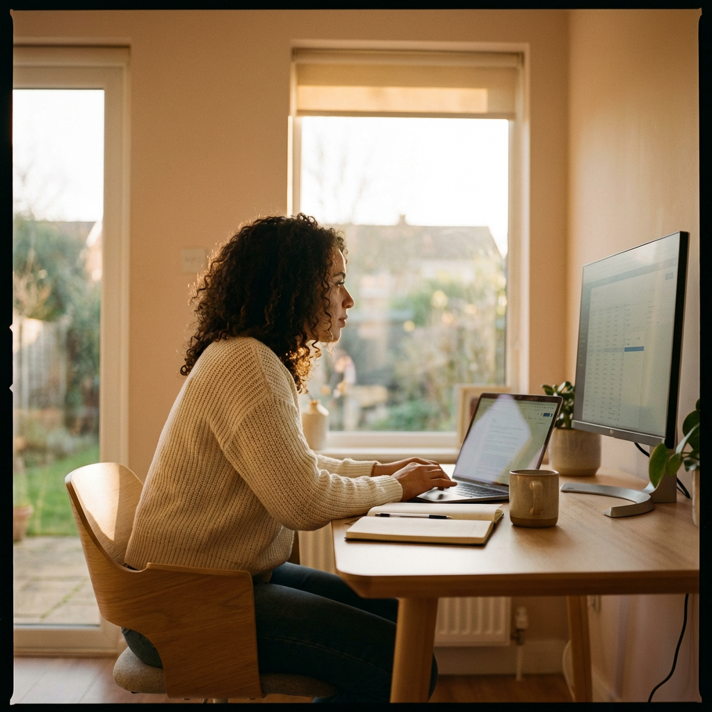 Confident woman working at a modern home office desk with laptop during golden hour