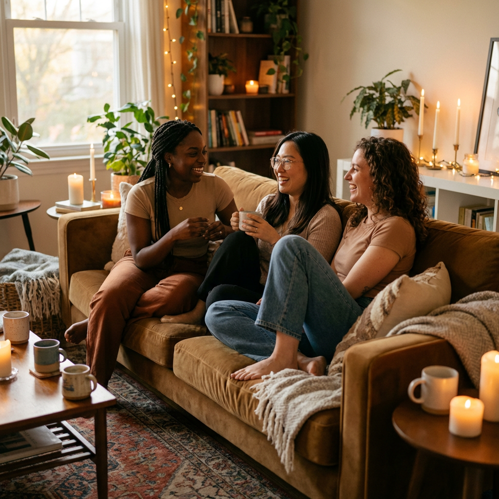 Three diverse women sitting on a cozy sofa laughing and talking with warm ambient lighting