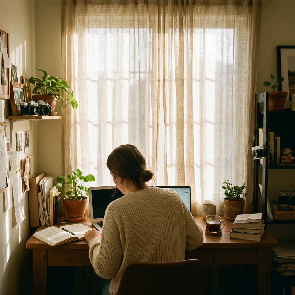 Woman working from home at a sunlit desk with laptop and journal, golden morning light