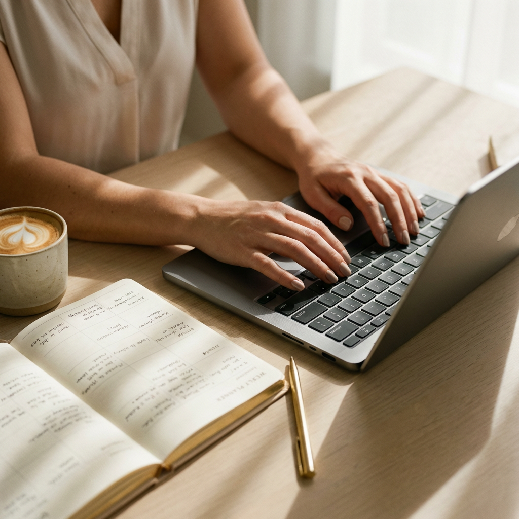 Woman's hands typing on laptop with planner and coffee
