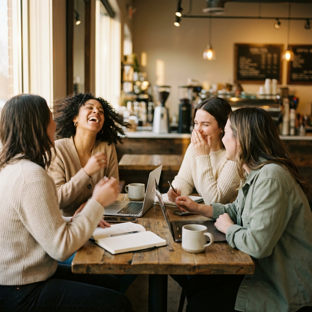 Women laughing together at coffee shop with laptops