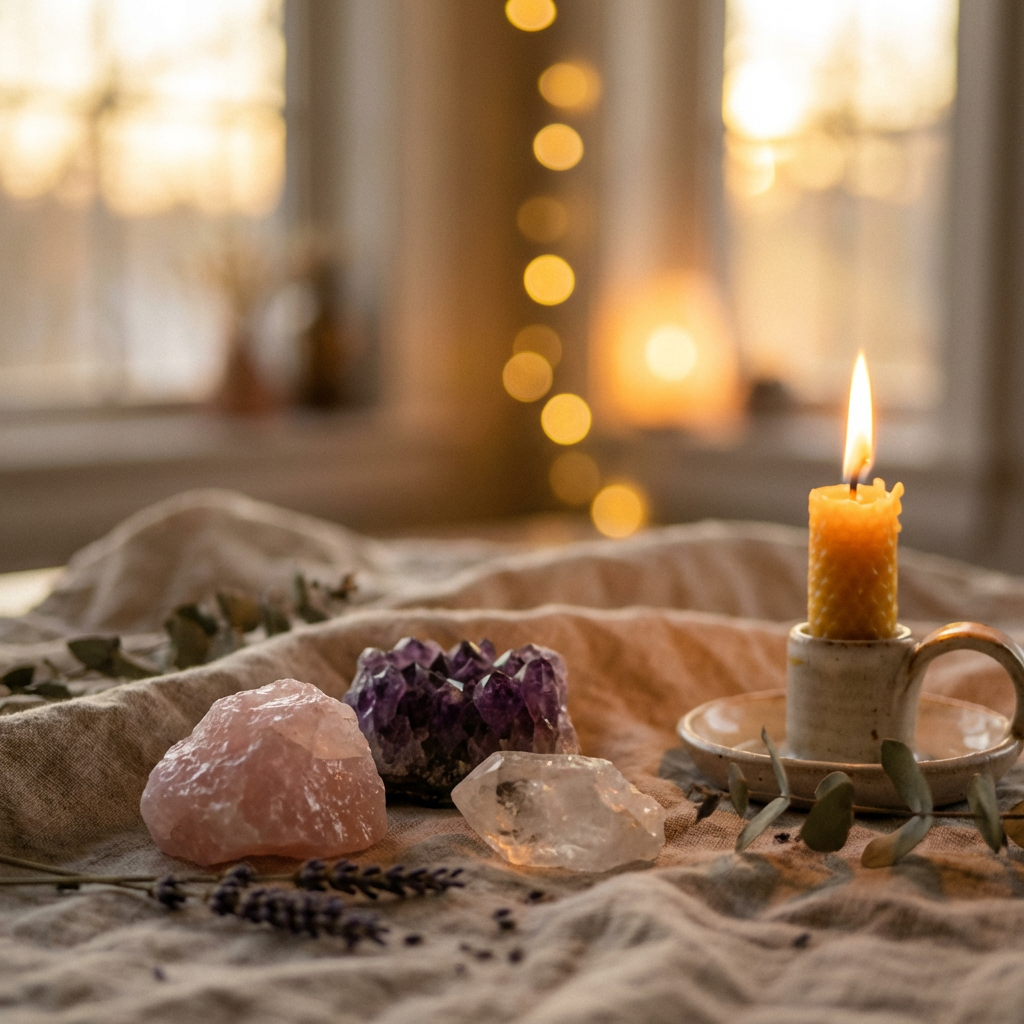 Crystals, candle, and dried flowers on linen cloth