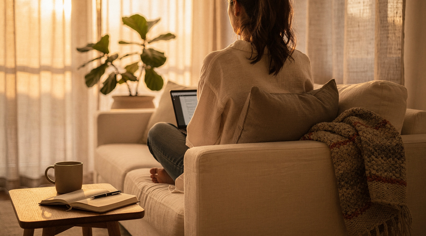 Woman sitting on couch with laptop in warm morning light, working on personal development courses