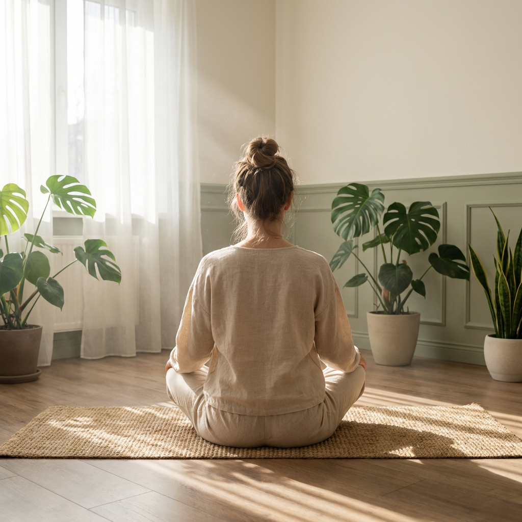 Woman meditating in sunlit room with plants