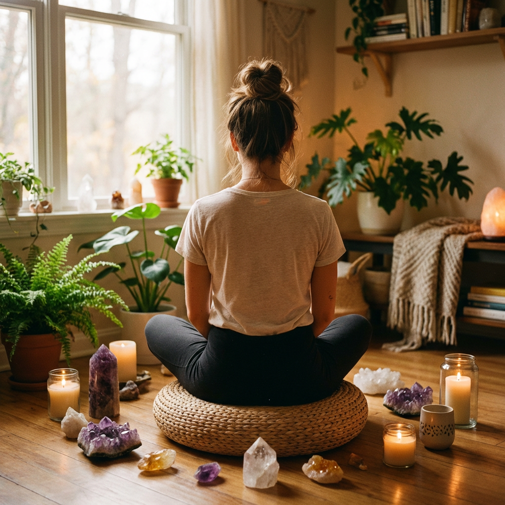 Woman meditating peacefully surrounded by crystals, candles, and plants in warm golden light